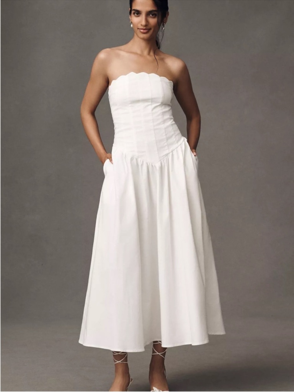 NEW BHLDN Strapless Magic Fabric Basque-Waist Midi Off-White Dress Size Small - Picture 13 of 14